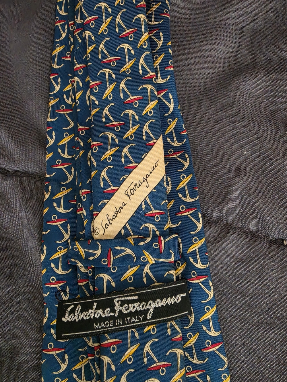 Salvatore Ferragamo Blue 100% Silk Tie with Red and Yellow Anchor Motif
